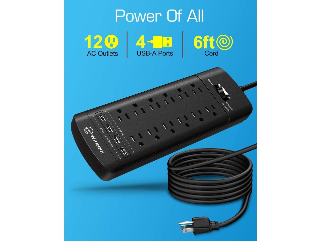 Power Strip,Witeem Surge Protector with 12-Outlet (1875W/15A,4360Joules) and 4 USB Charging Ports (5V/6A,30W),6Ft Extension Cord,Wall Mountable Overload Protection Outlet for Home & Office, Black