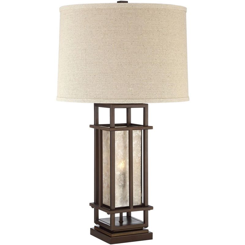 Franklin Iron Works Rustic Farmhouse Table Lamp with Nightlight LED Caged Brown Oatmeal Fabric Drum Shade for Living Room Bedroom