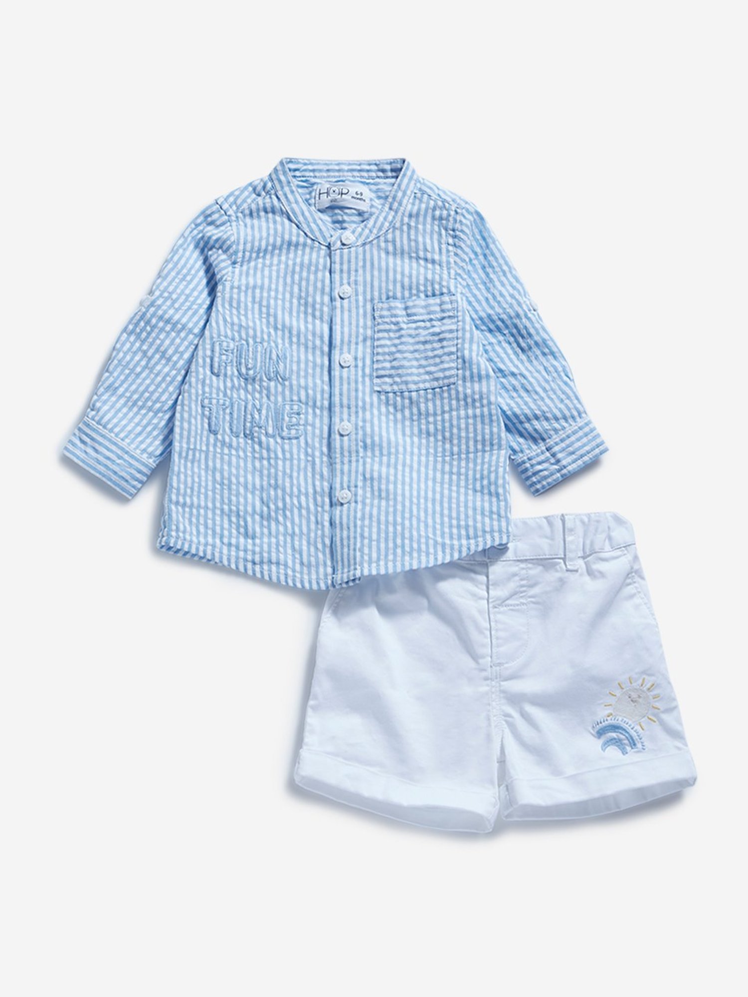 HOP Baby by Westside Blue Striped Shirt with Shorts Set