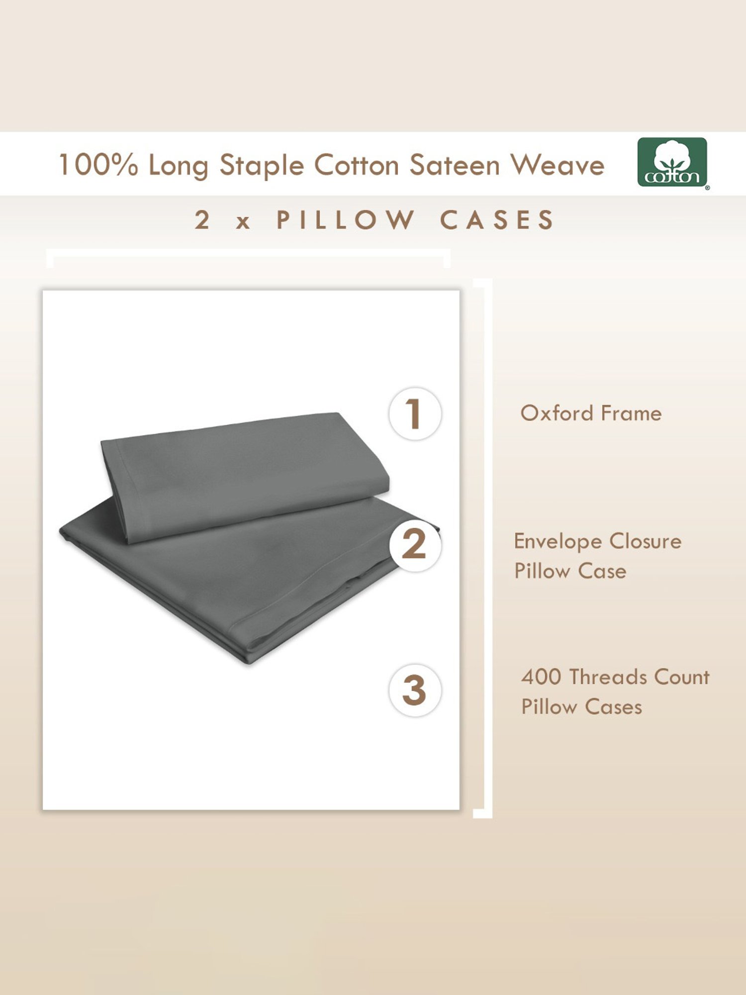 Pizuna Dark Grey 400 TC Cotton Pillow Covers - Set of 2