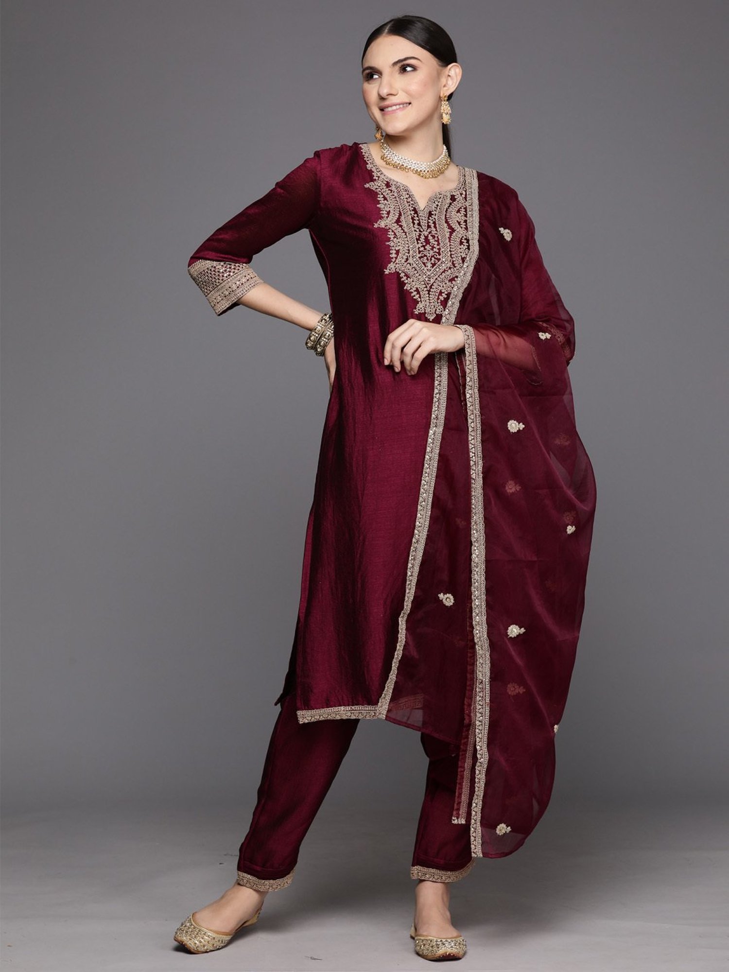 Indo Era Maroon Embroidered Kurta Pant Set With Dupatta