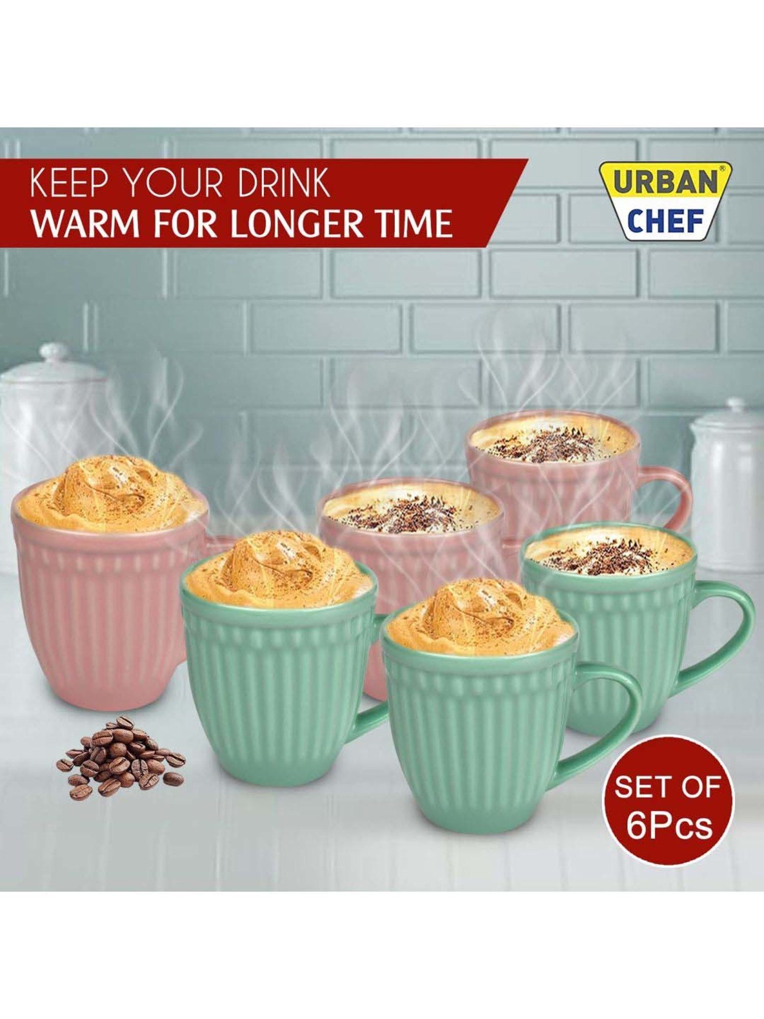 Urban Chef Pink & Green Ceramic Handcrafted Microwave Safe Tea Cup - Set of 6