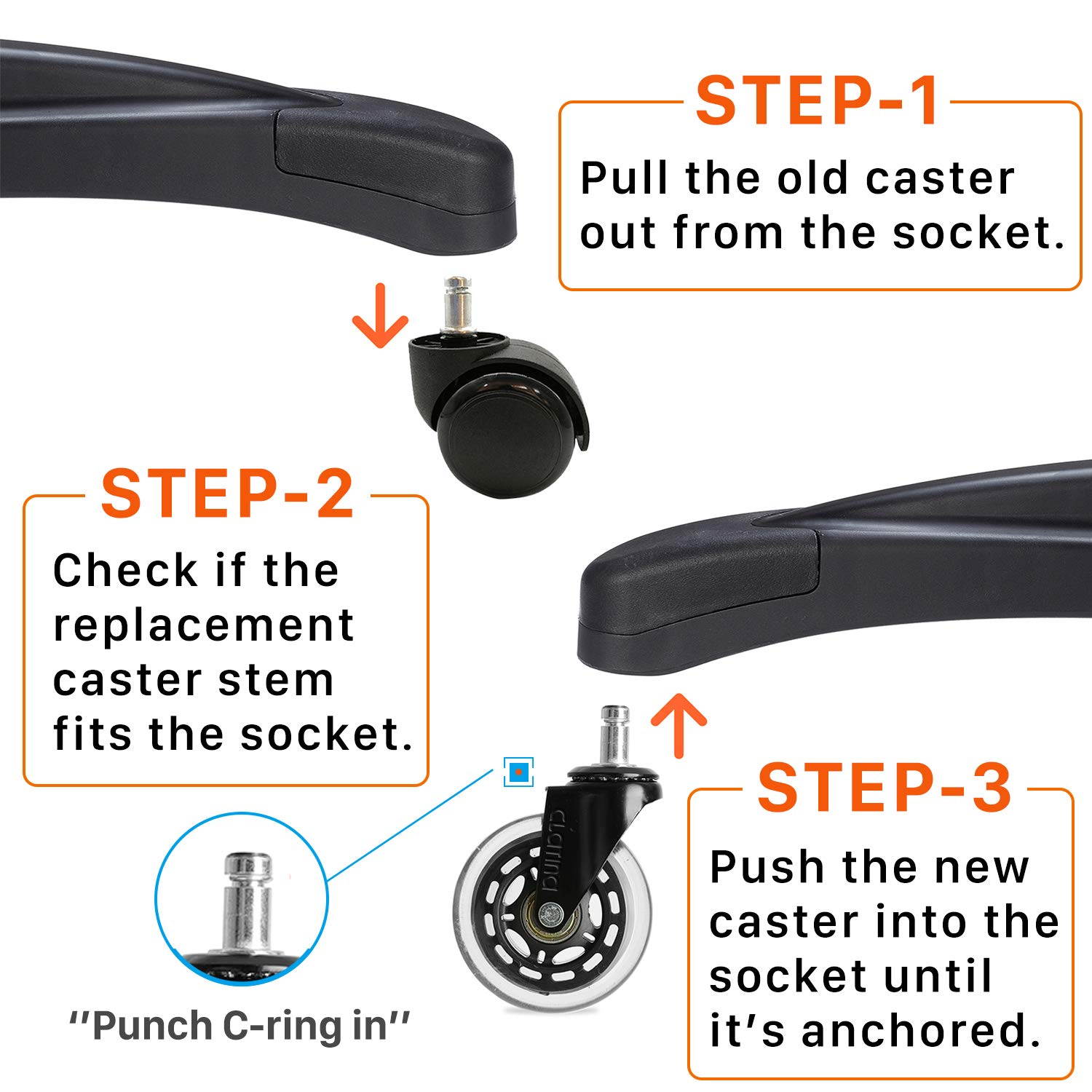 CLATINA Heavy Duty Office Chairs Wheels Replacement for Hardwood Floors and Carpet Rolling Casters Safe Soft Smooth Silent Desk Gamer Computer, 1 Pack