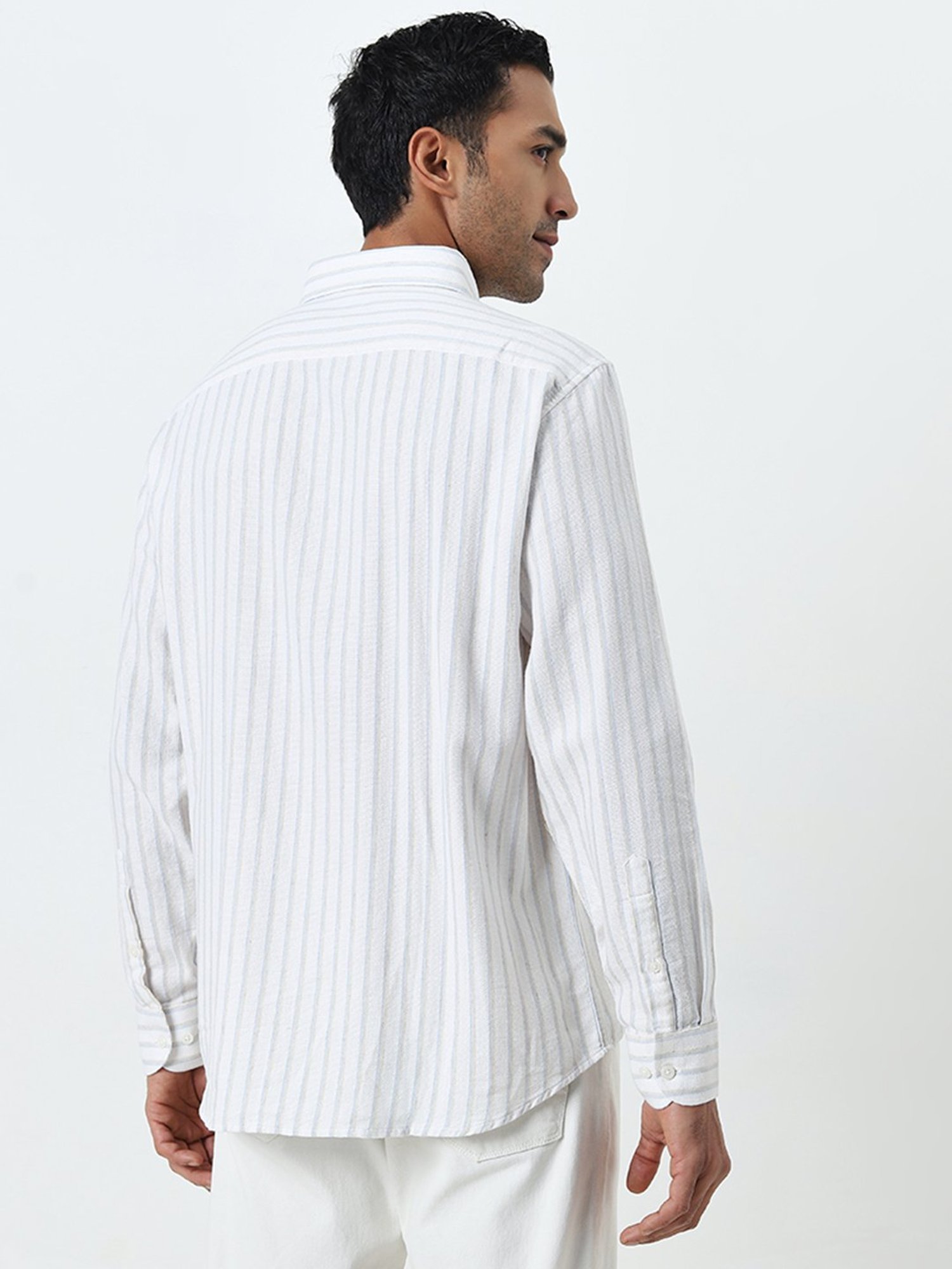 Ascot by Westside Off-White Stripe Print Relaxed-Fit Cotton Blend Shirt