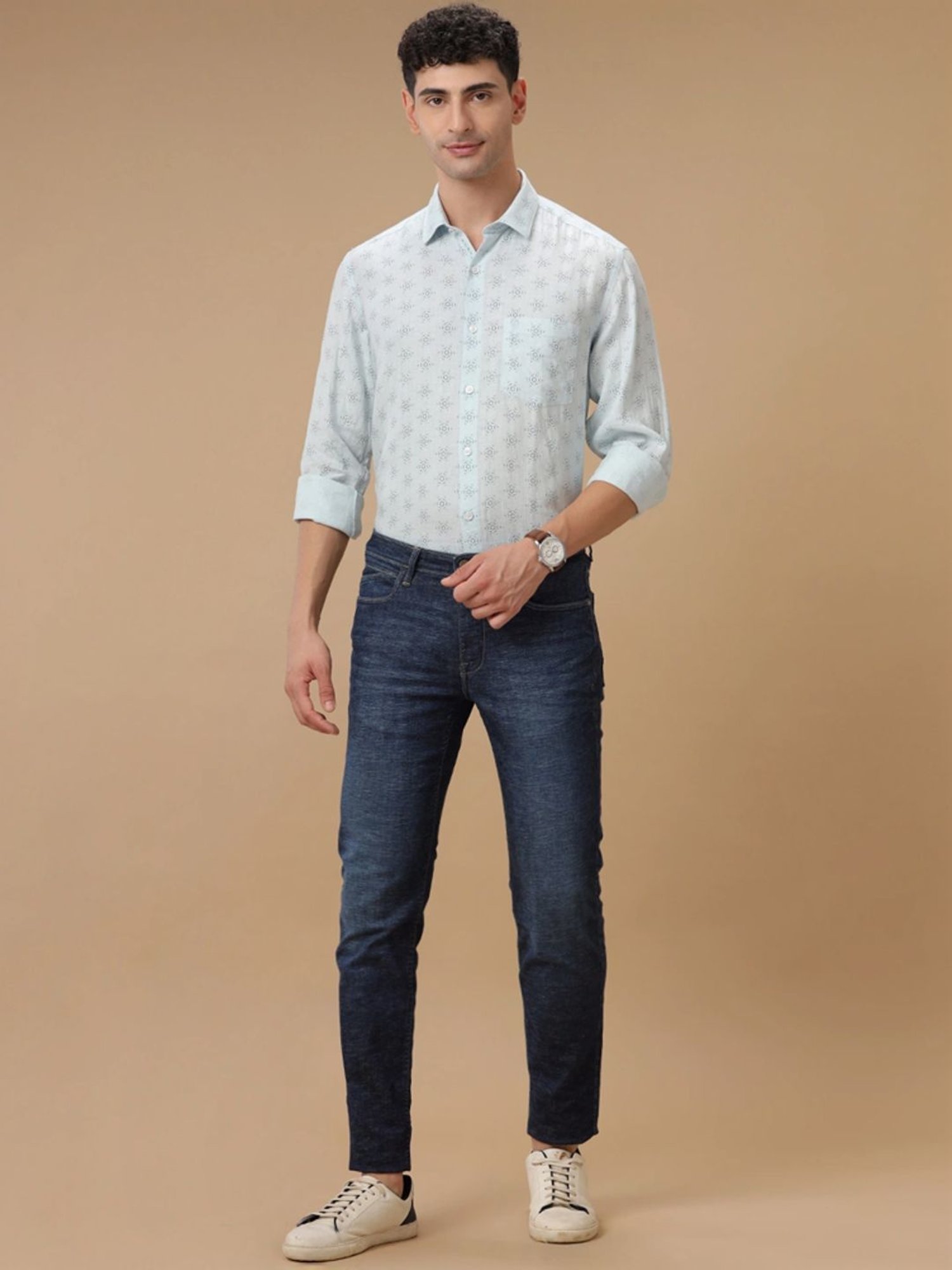 Linen Club Blue Linen Contemporary Fit Printed Shirt
