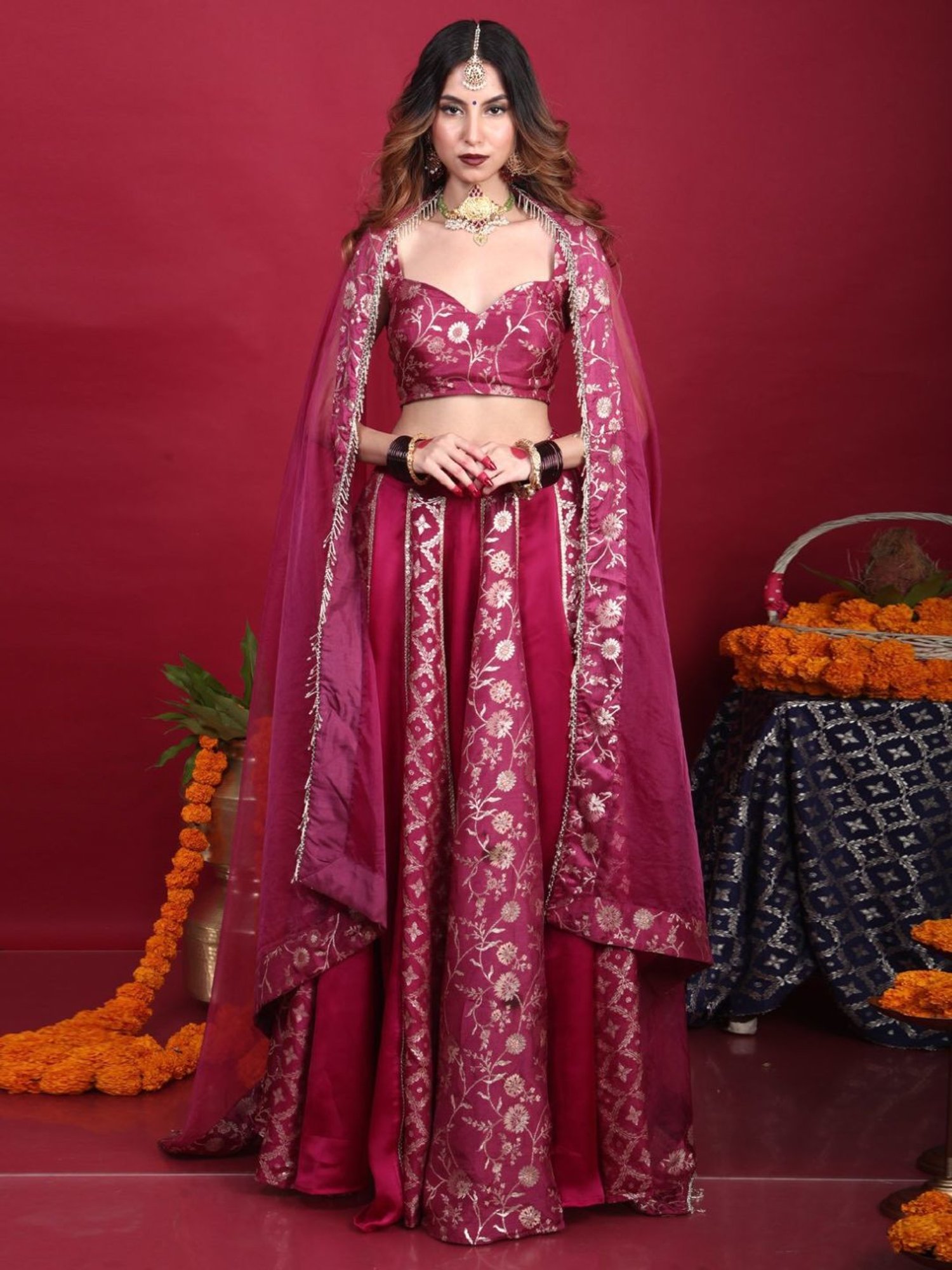 Monk and Mei Kora Kashi Plum Purple Leela-Brocade Lehenga Set