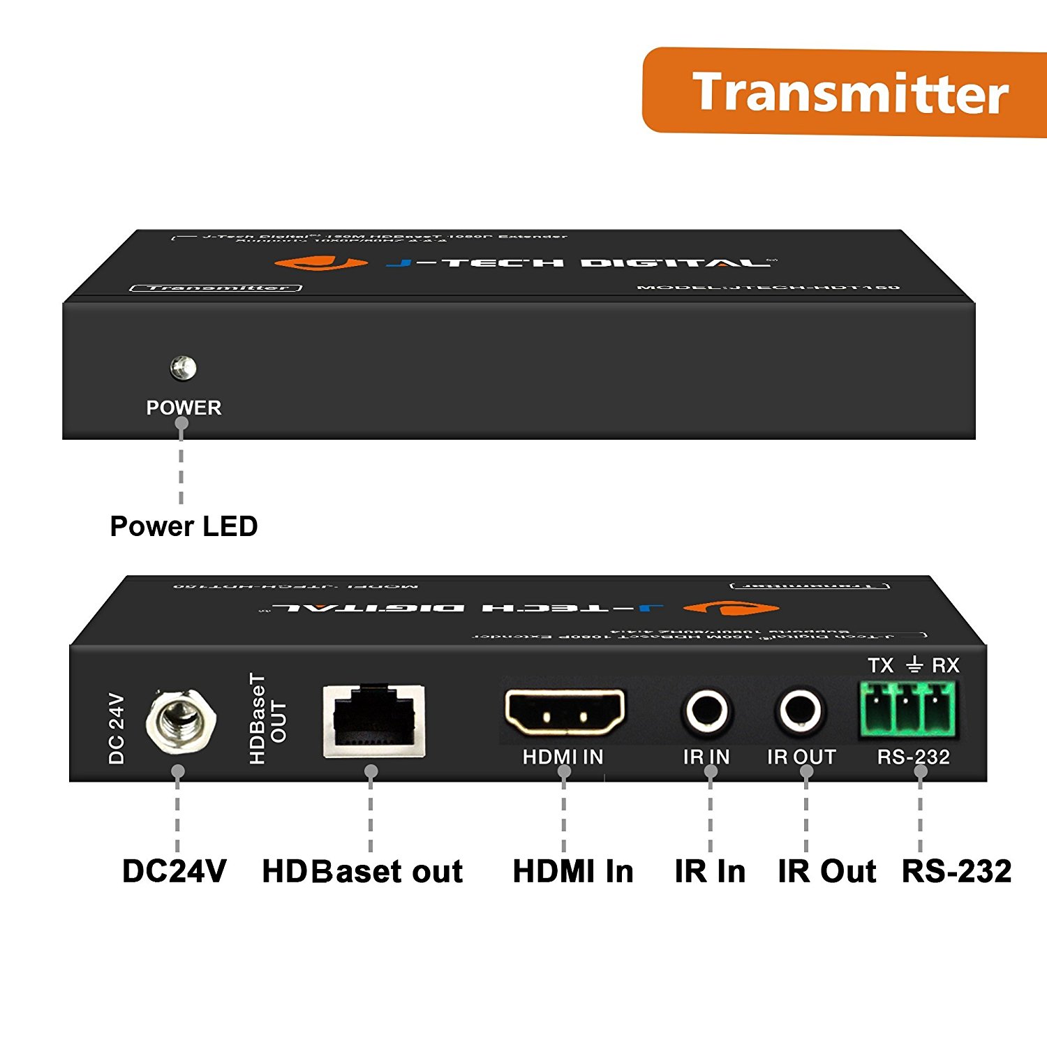 J-Tech Digital Long Range HDMI Extender Over Cat6 150m/492ft HDBaseT 1080P Extender PoC, Bi-Directional IR, Supports Dolby Digital, DTS, with EDID, CEC, RS-232 Passthrough (JTECH-HDT150)