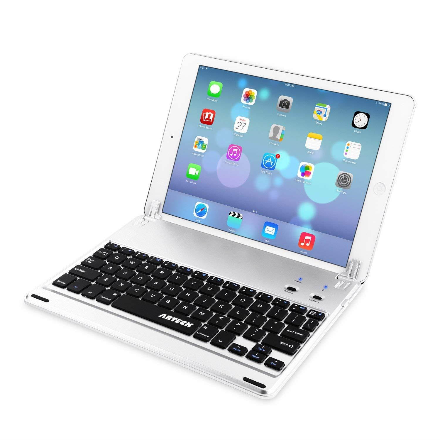 Arteck Ultra-Thin Apple iPad Air 2/9.7-inch iPad Pro Bluetooth Keyboard Folio Case Cover with Built-in Stand Groove for Apple iPad Air 2 with 130 Degree Swivel Rotating-Silver