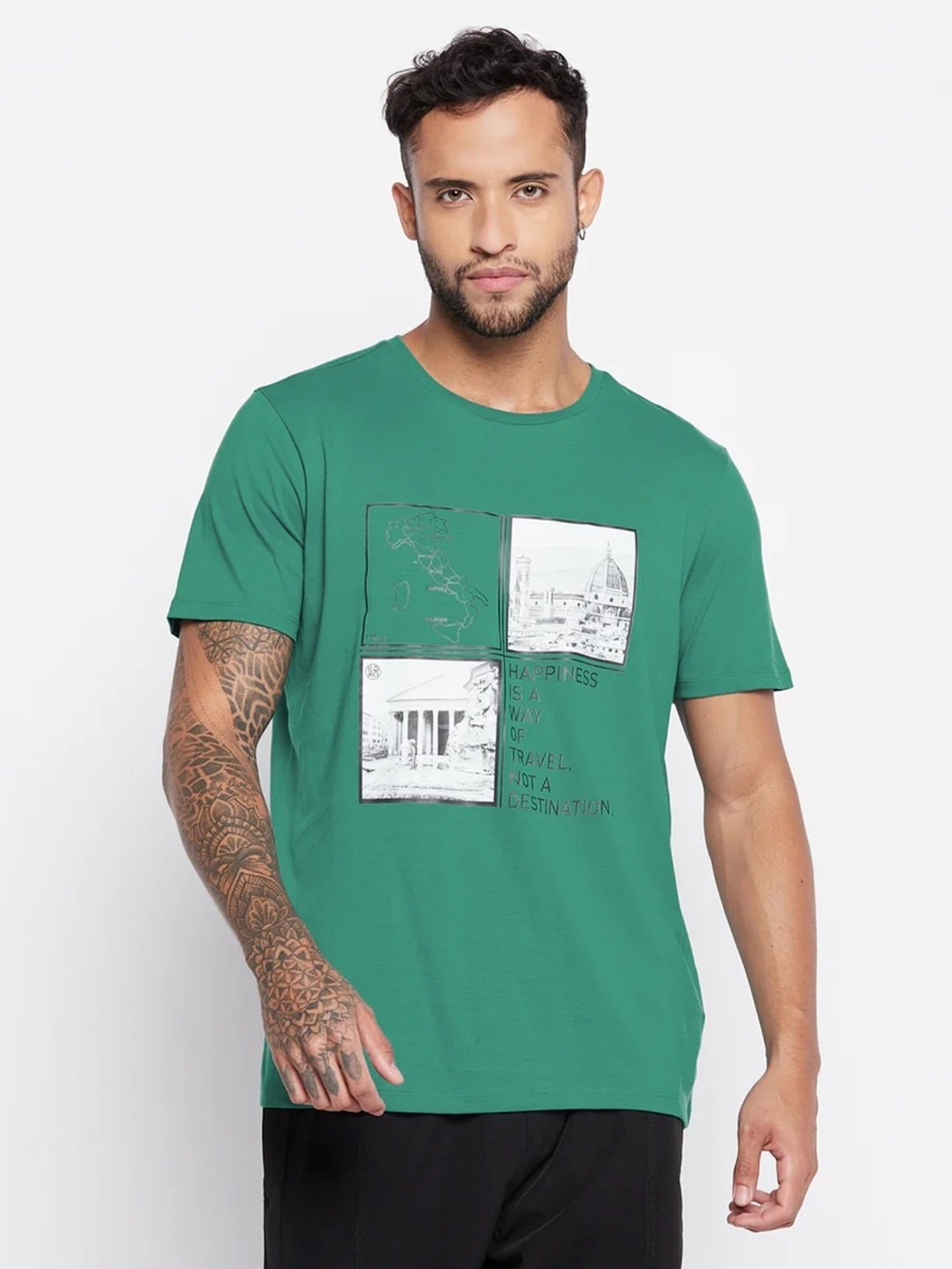 Edrio Green Cotton Relaxed Fit Printed T-Shirt