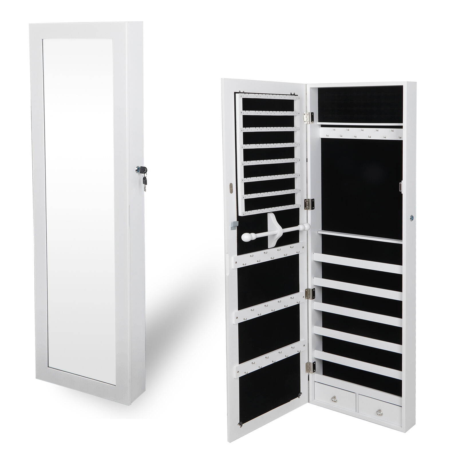 Door Wall Jewelry Cabinet Armoire Mounted Lockable Velvet Inner 2 Drawers