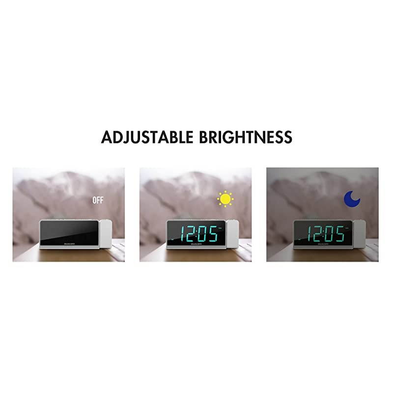Alarm Clock with AM/FM Radio, 180&deg;Projector, 7" LED Digital Ceiling Display, Easy to Use, Clear Cyan Digit, 3 Dimmer, Digital Alarm Clock with USB Phone Charger, Battery Backup for Bedroom