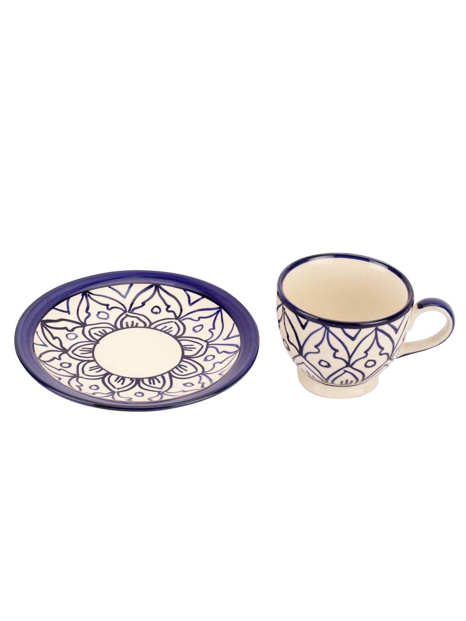 VarEesha Mehraab Off-White & Navy Ceramic Cup (0.12 L) with Saucer - Set of 6