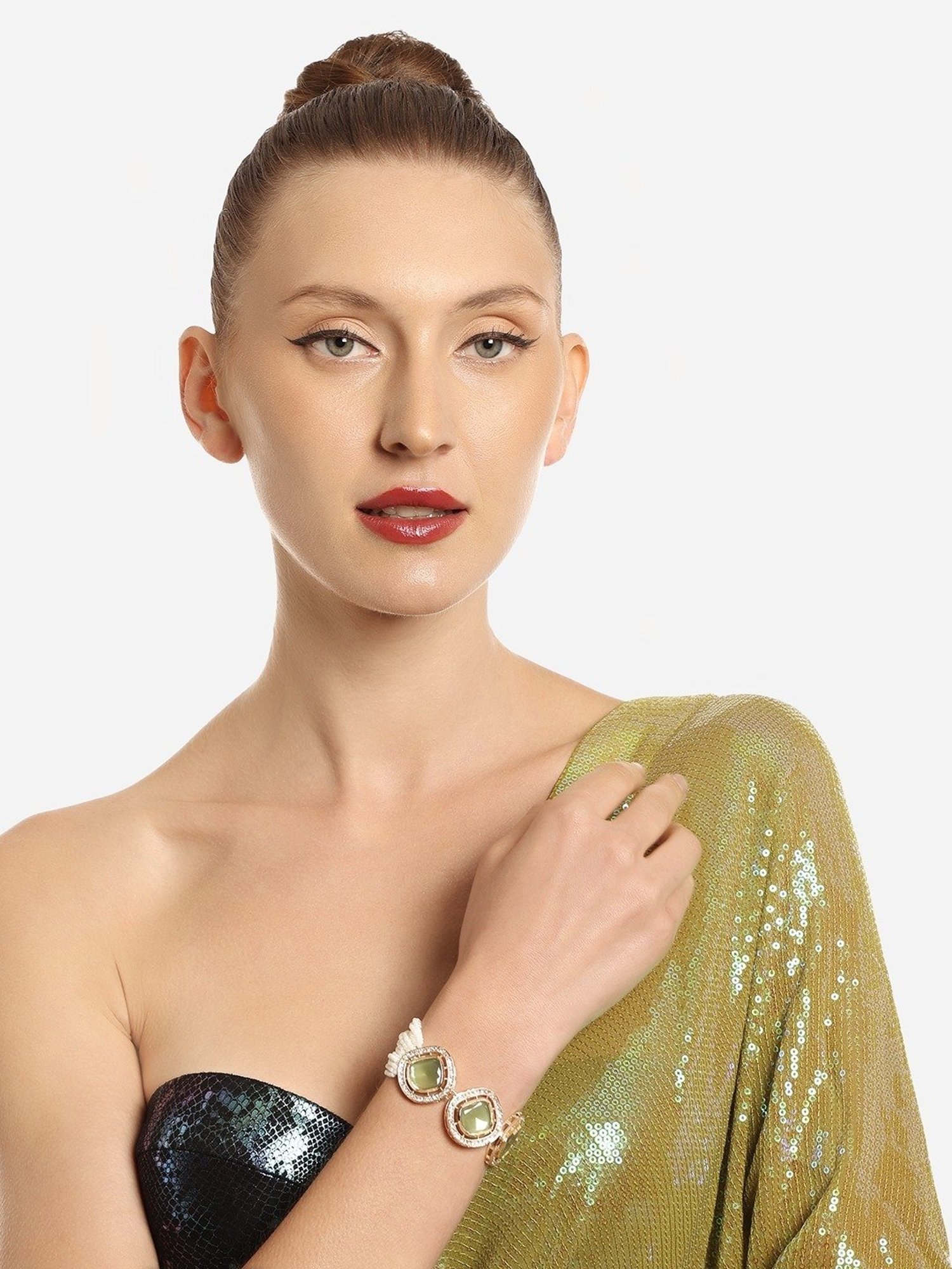 Zaveri Pearls Set of 2 Gold Tone & Green Multistrand Kundan & Beads Ethnic Bracelet-ZPFK16845