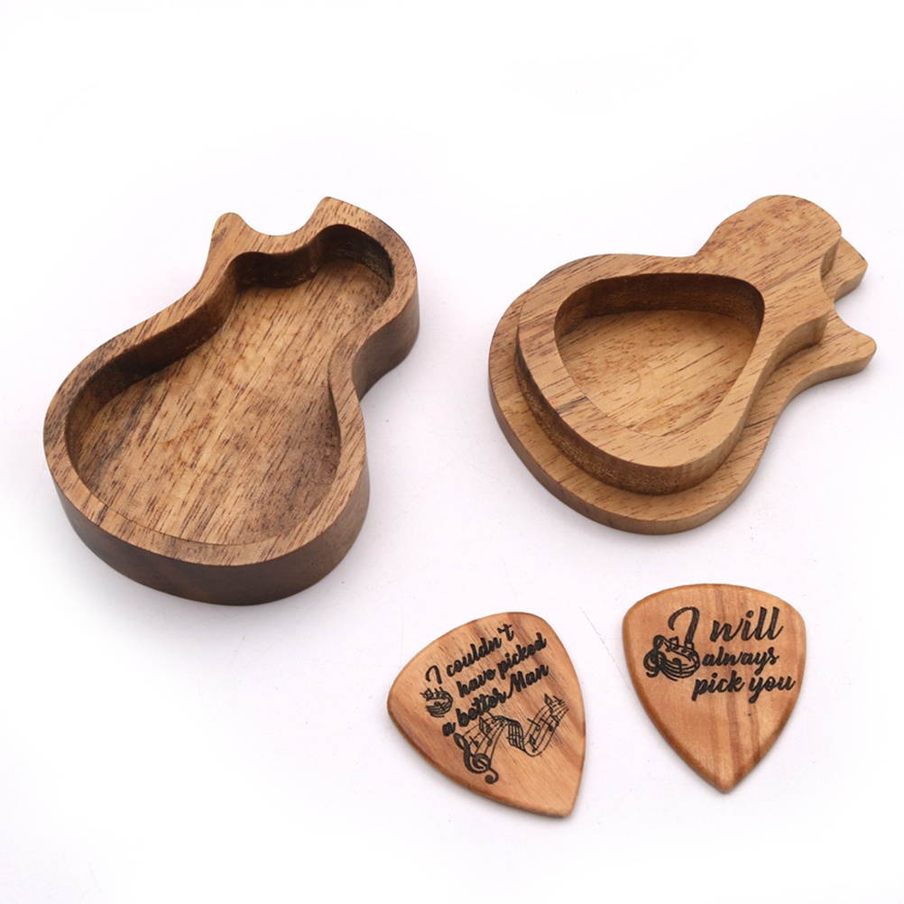 1 Set/3 Pcs Guitar-Shaped Case Guitar Pick Box Guitar Pickup Accessories Wooden Guitar Pick Collection Holder Storage Box (Box and 2 Pcs Pick, Logo Style)