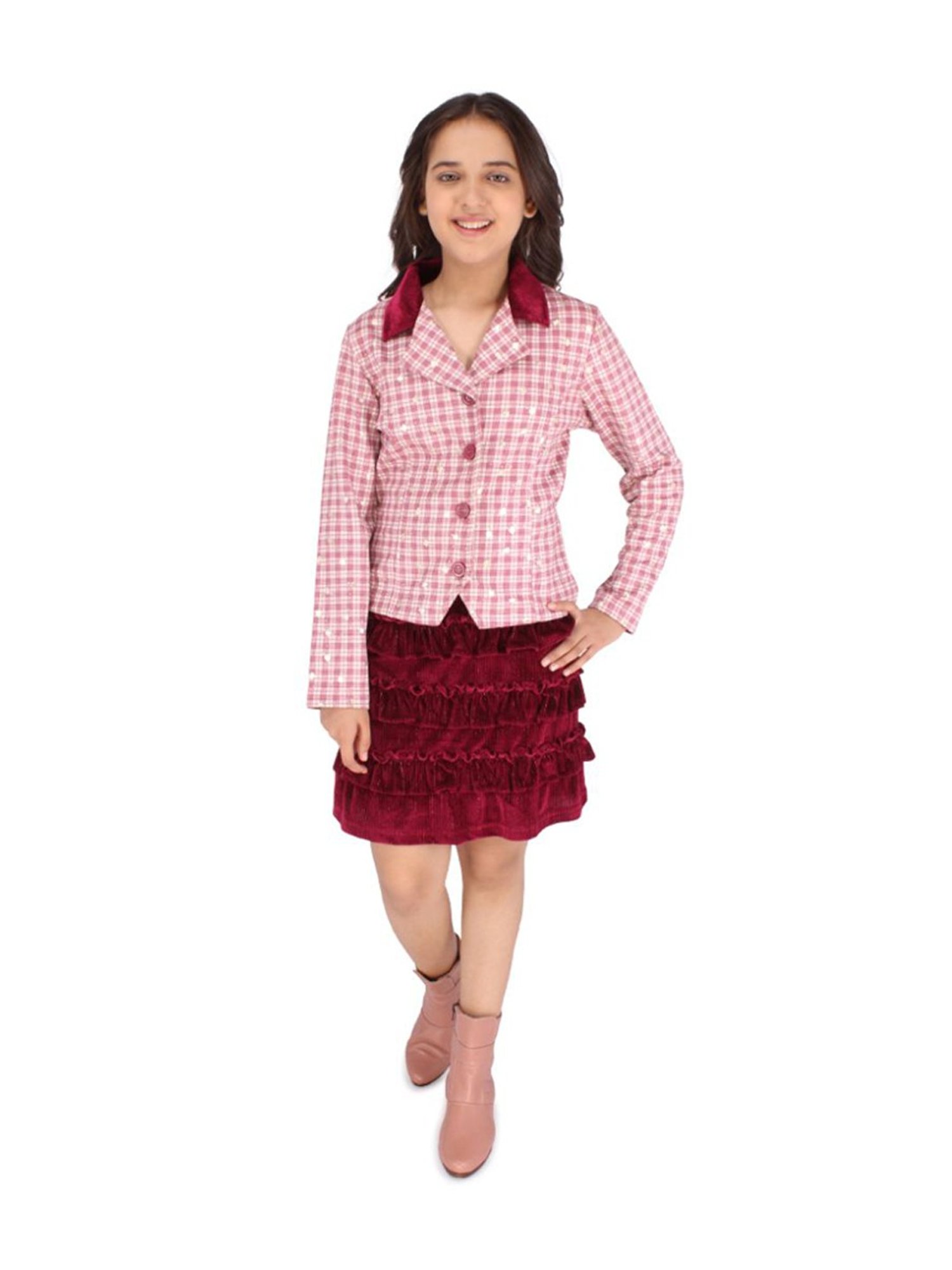 Cutecumber Kids Pink & Maroon Chequered Full Sleeves Dress