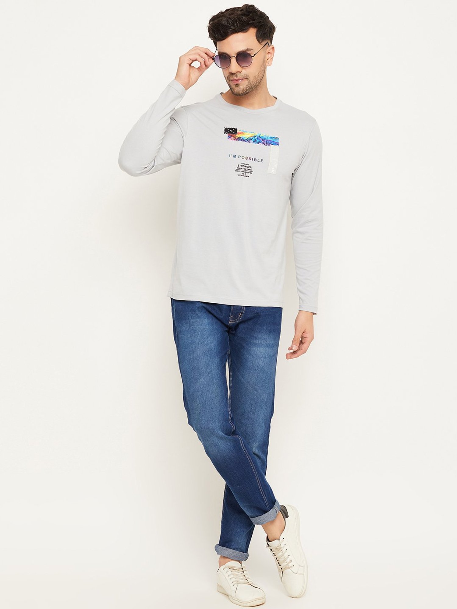 Club York Grey Melange Regular Fit Printed Crew T-Shirt