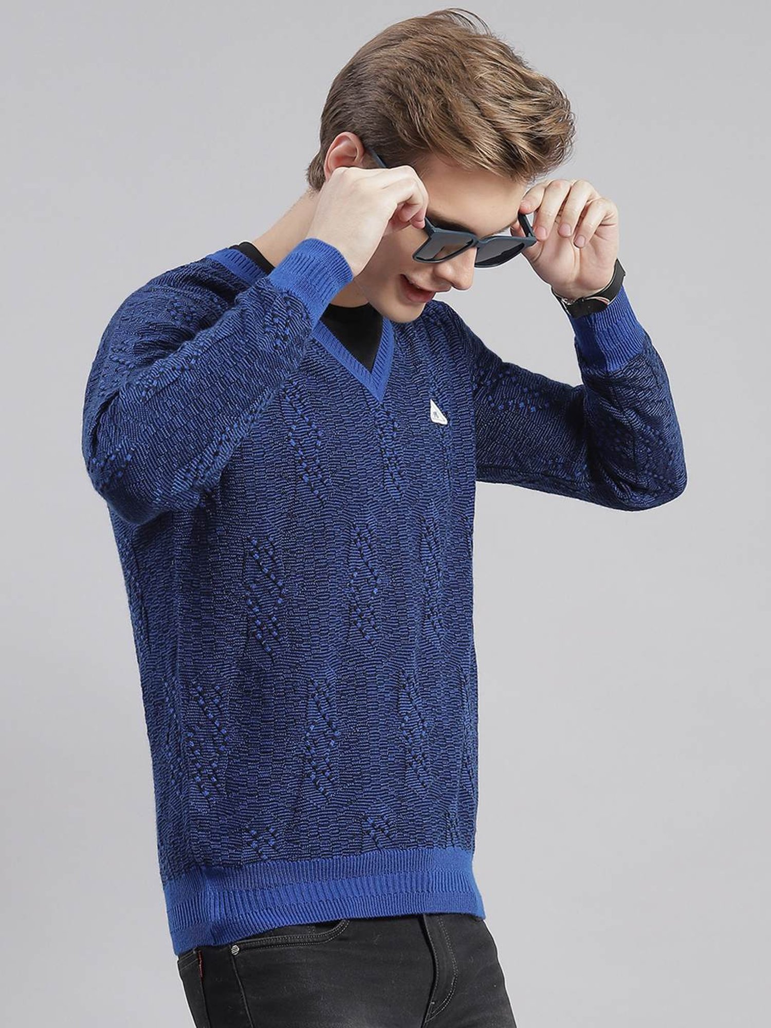 Monte Carlo Royal Blue Regular Fit Self Pattern Sweater