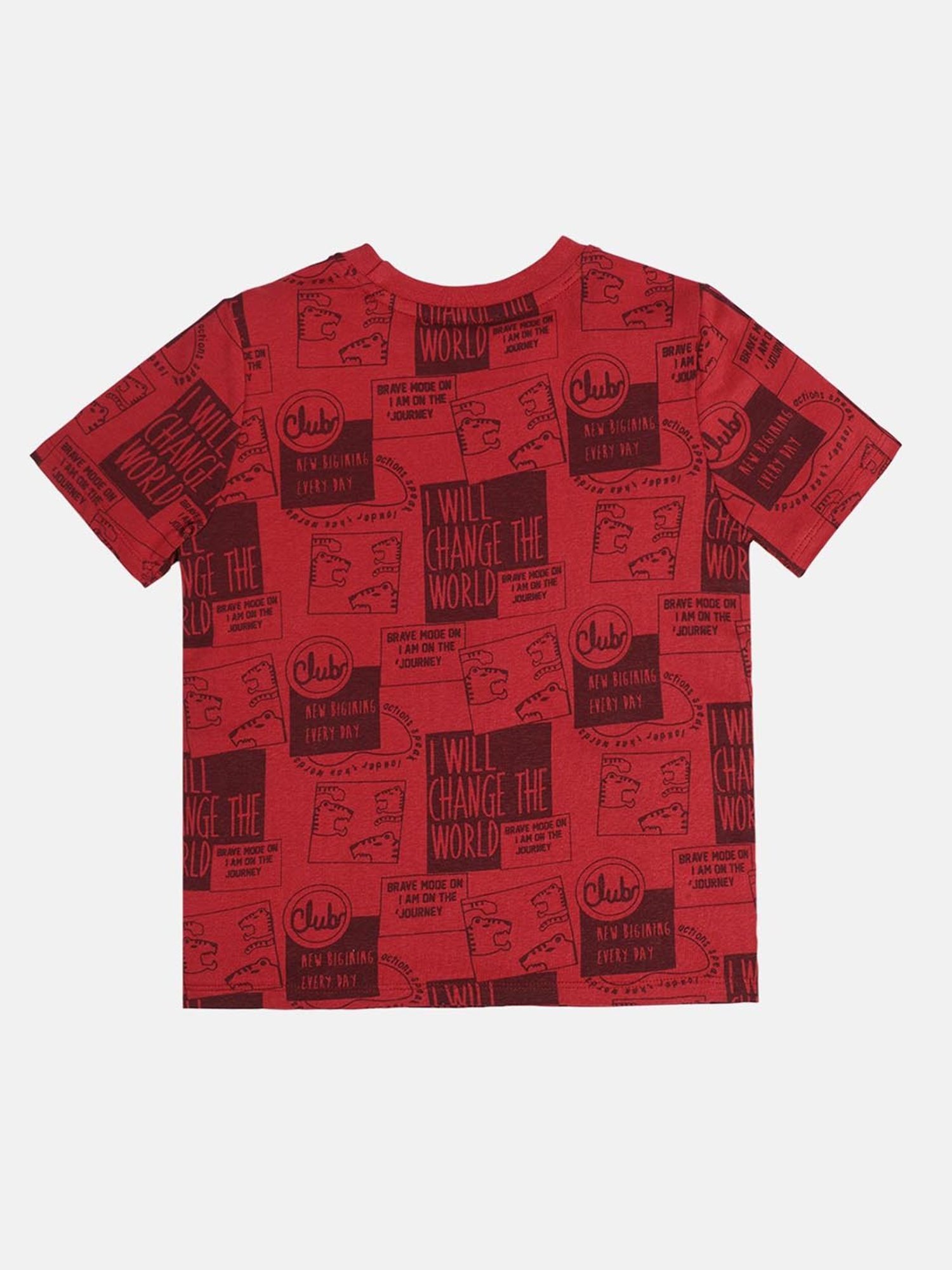 MINIKLUB Boys Maroon Cotton Printed Full Sleeves T-Shirt