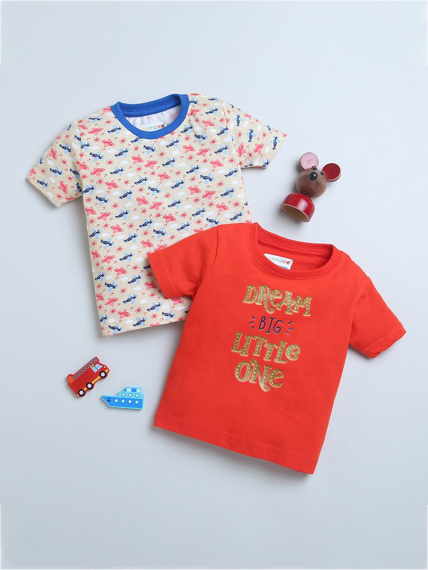 Bumzee Kids Beige & Red Shimmer T-Shirt (Pack Of 2)