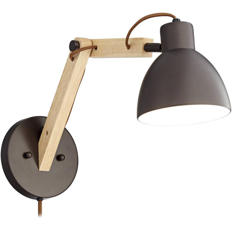 Barnes and Ivy Industrial Wall Lamp Bronze Wood Plug-In Light Fixture Adjustable Arm Metal Shade for Bedroom Living Room Reading