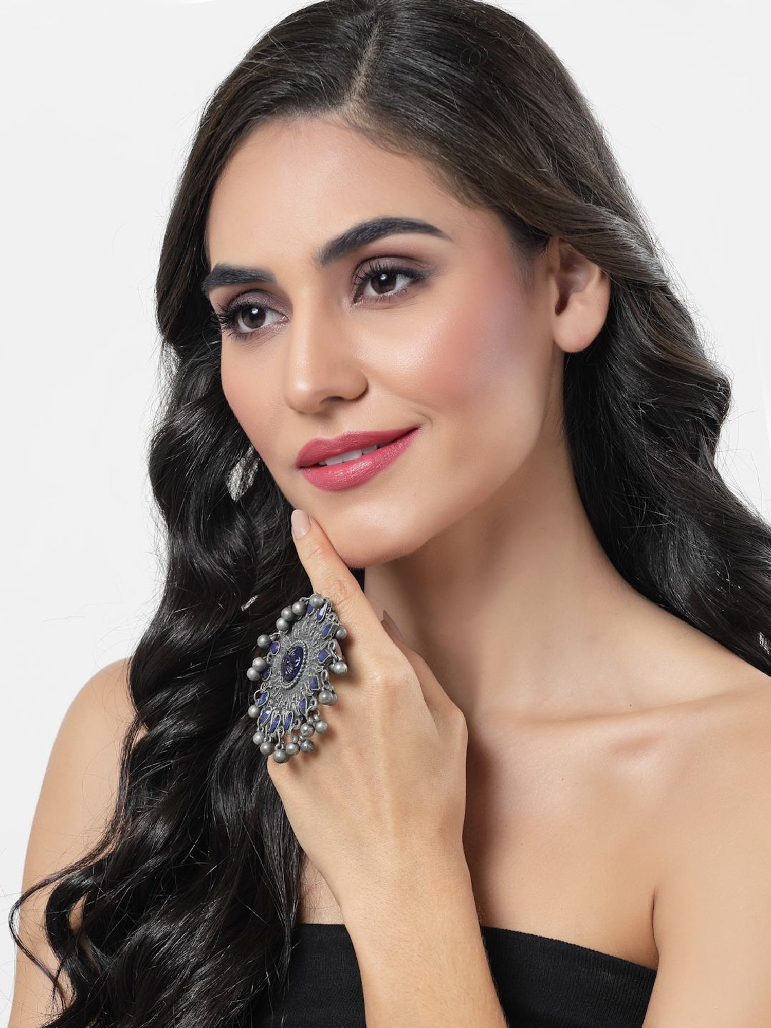 Moedbuille Blue Agate Crystals Studded Filgree Work Oxidised Silver Plated Handcrafted Finger Ring