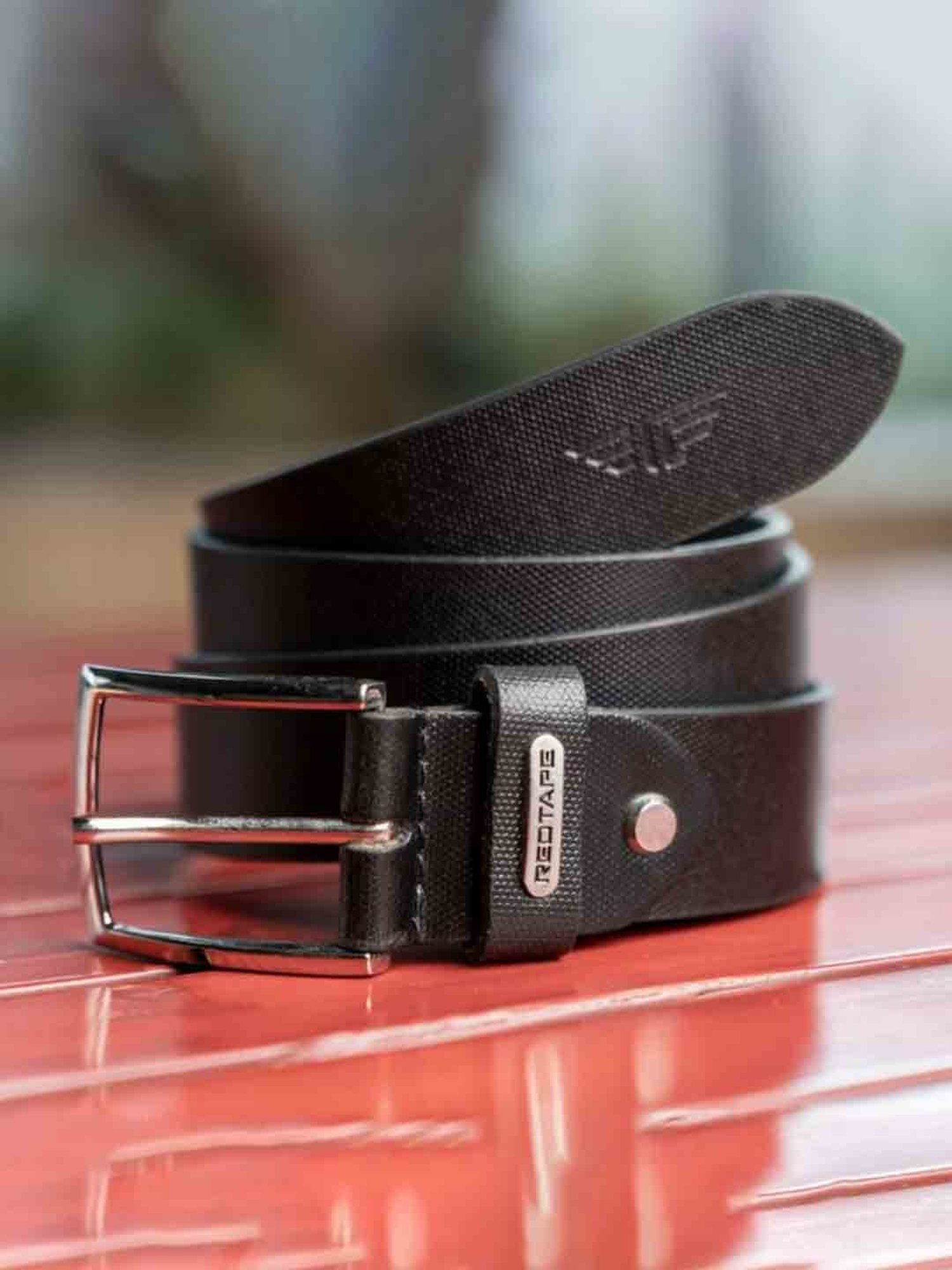 Red Tape Black Leather Waist Belt for Men