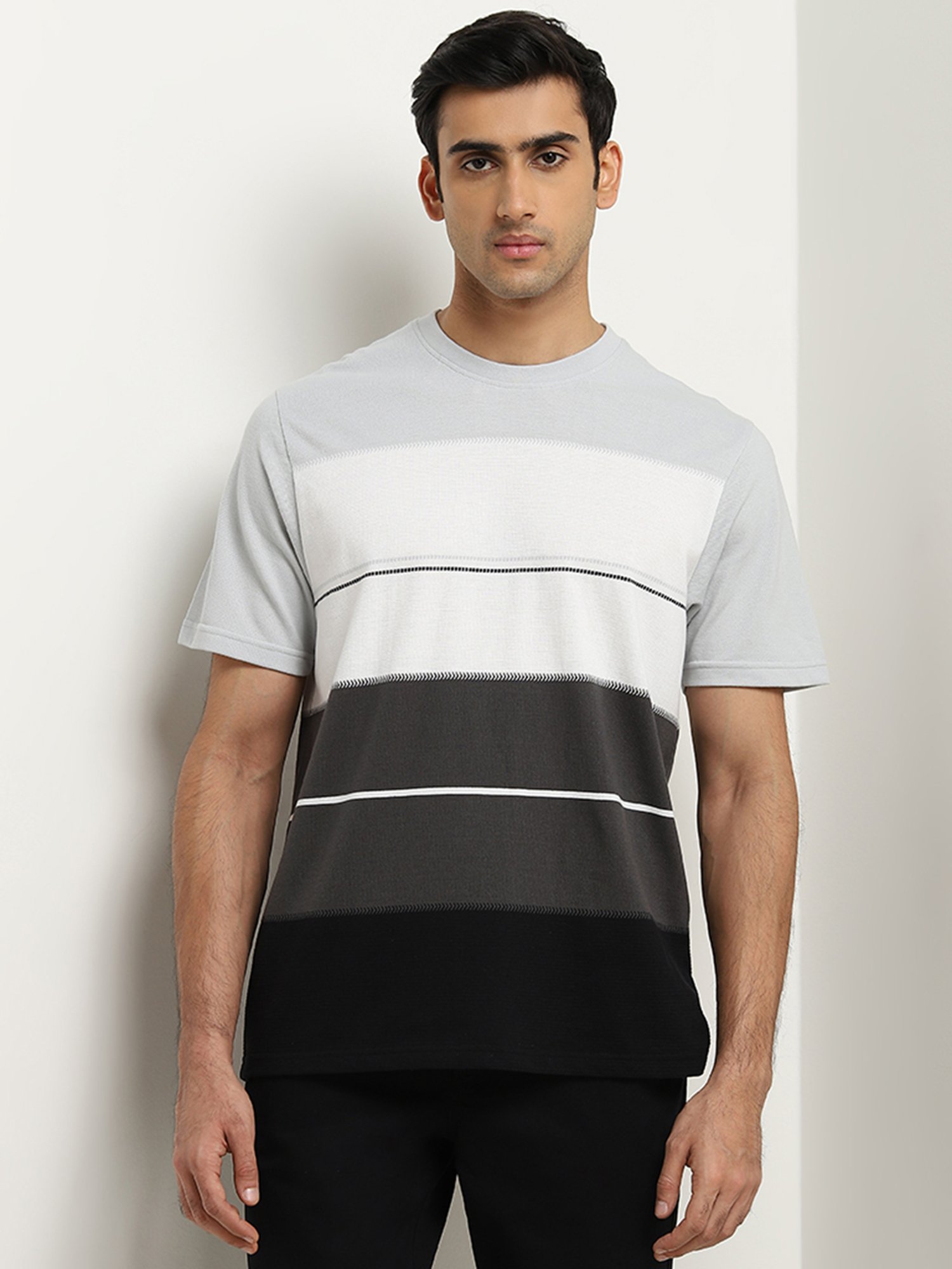 WES Lounge by Westside Grey Colour-Blocked Design Relaxed-Fit T-Shirt