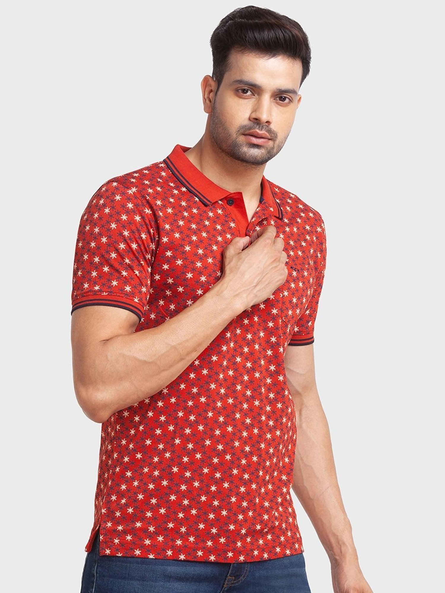ColorPlus Orange Cotton Tailored Fit Printed Polo T-Shirt
