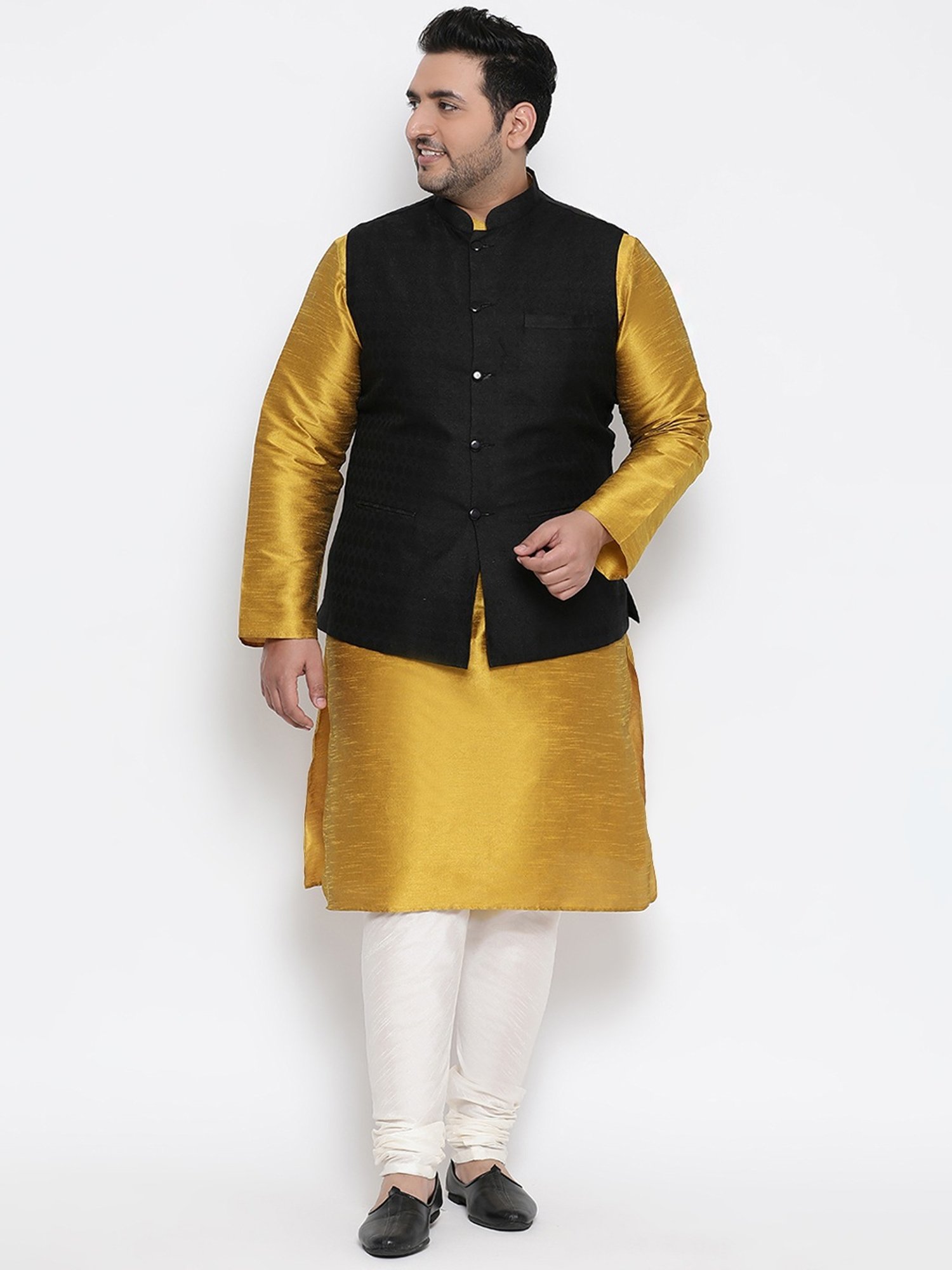 KISAH PLUS Black & Golden Regular Fit Jacquard Kurta Set With Jacket