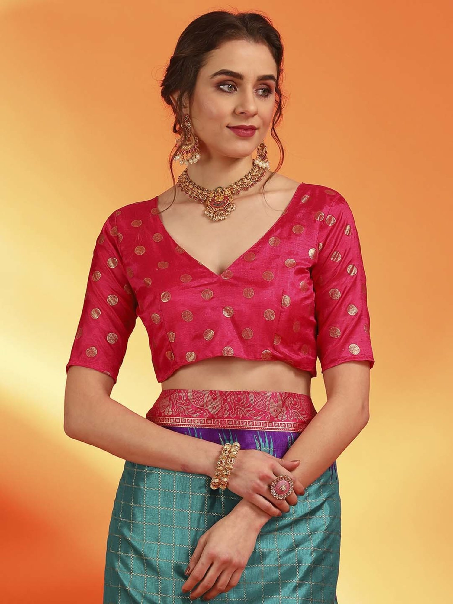 Saree Mall Blue & Pink Silk Printed Saree With Unstitched Blouse