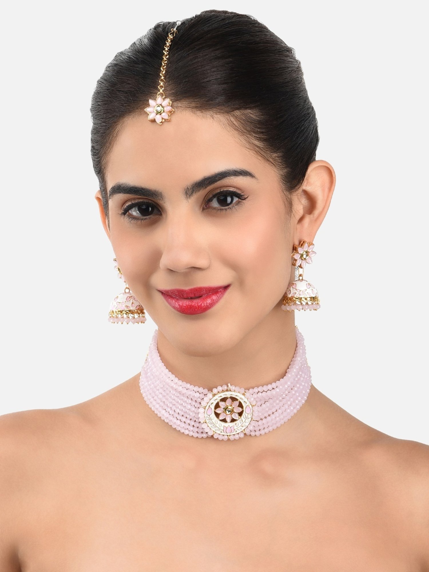 Zaveri Pearls Pink White Meenakari Crystal Multistrand Necklace Earring Maangtikka Set-ZPFK10274