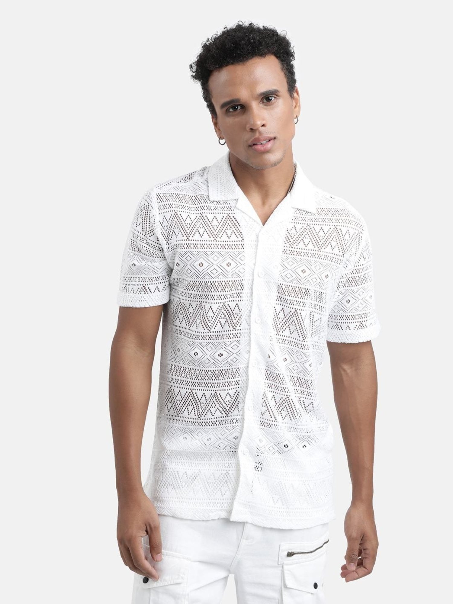 Bene Kleed White Regular Fit Self Pattern Shirt