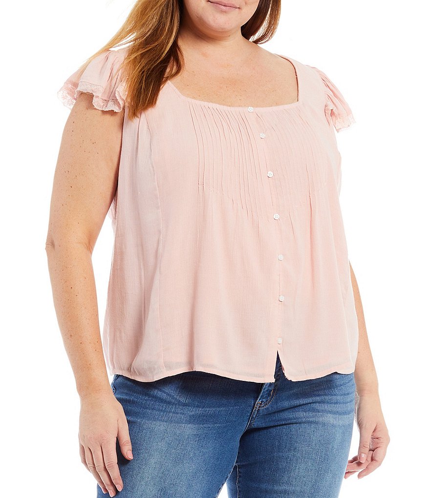 Jessica Simpson Plus Size Allan Square Neck Ruffle Cap Sleeve Pintuck Detail Top