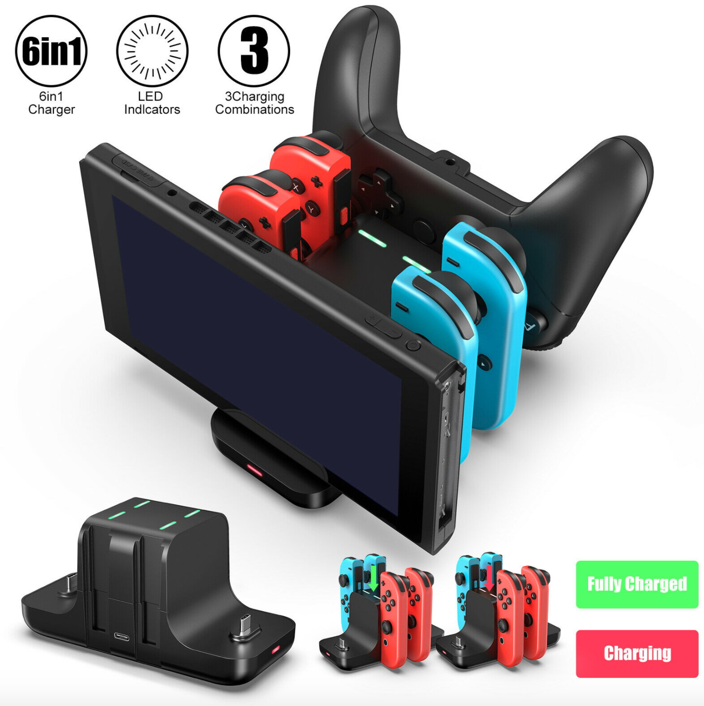 6In 1 Controller Charger LED Charging Dock Stand For Nintendo Switch Pro Joy-Con