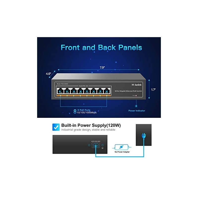 8 Port Gigabit PoE Switch, 8 PoE+ Ports 1000Mbps, 802.3af/at 120W, Metal Fanless Unmanaged Plug and Play