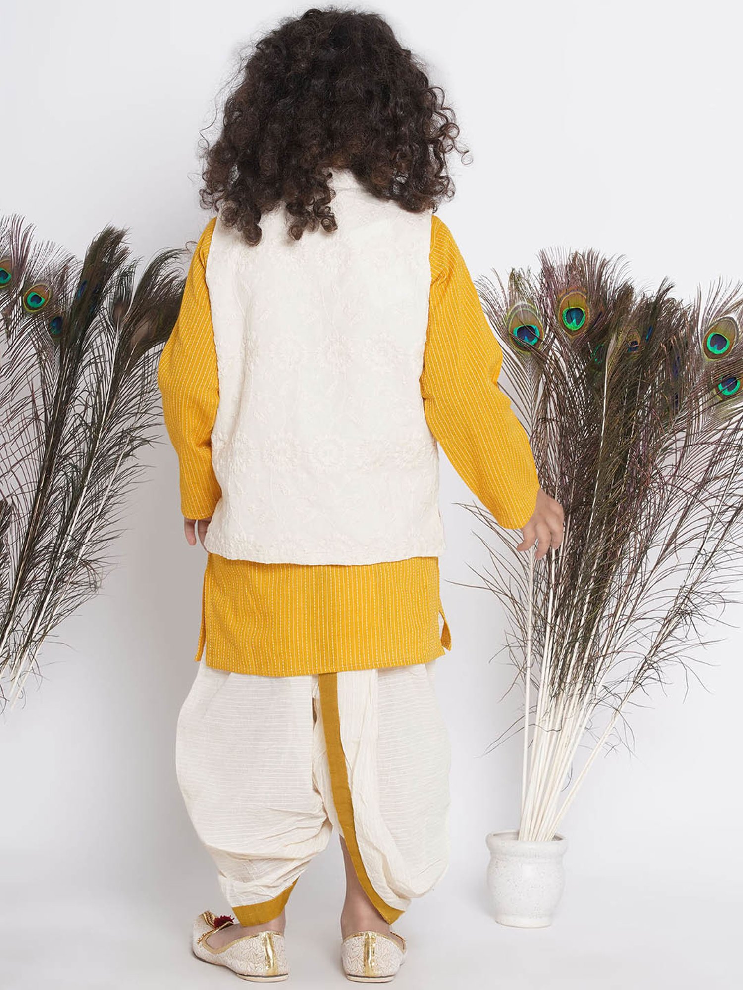 Little Bansi Kids Yellow & Cream Embroidered Full Sleeves Kurta, Jacket with Dhoti