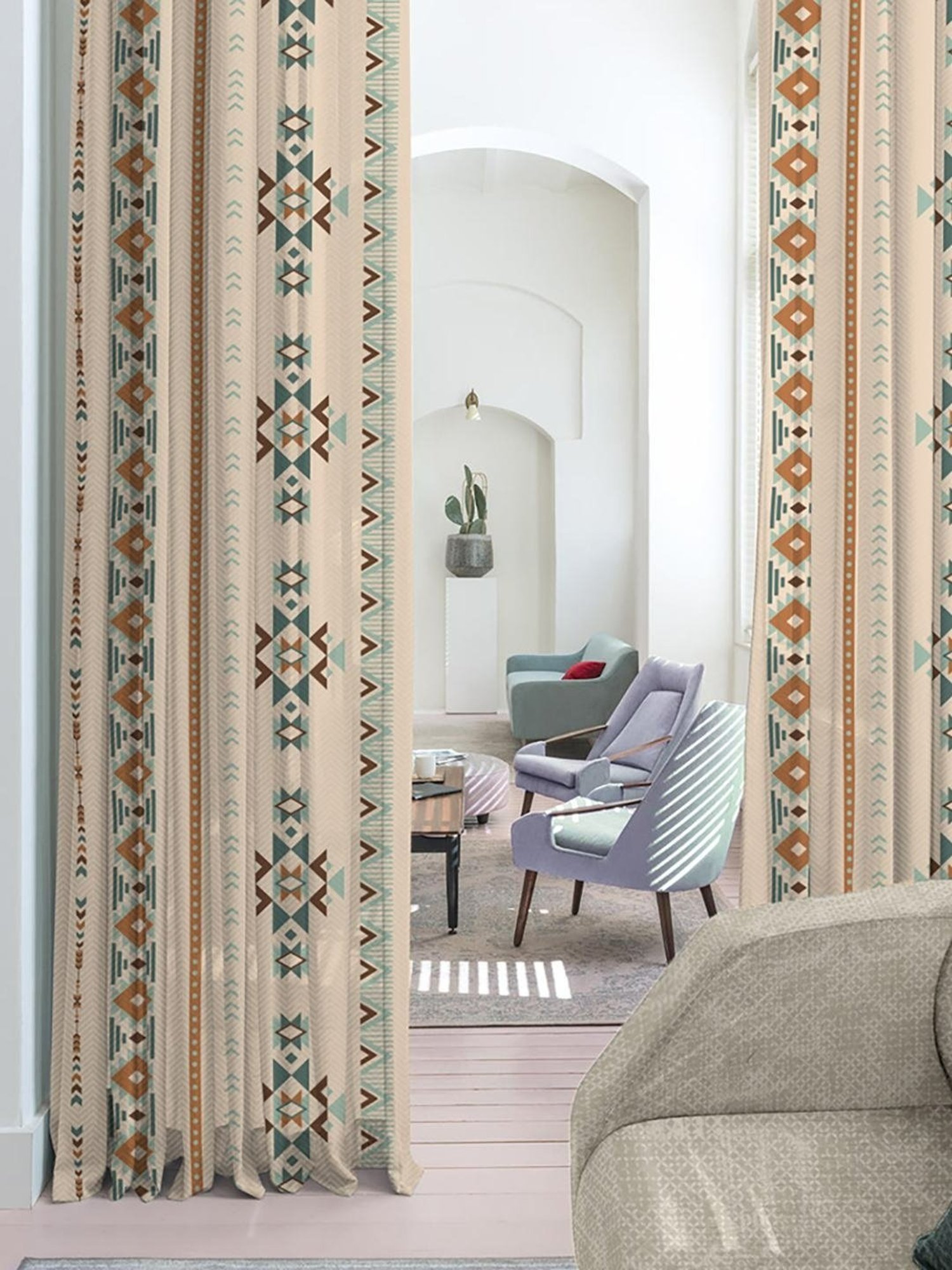 SPACES DRAPE STORY Boho Digital Print Beige & Brown Polyester 5 ft Window Curtains - Set of 2