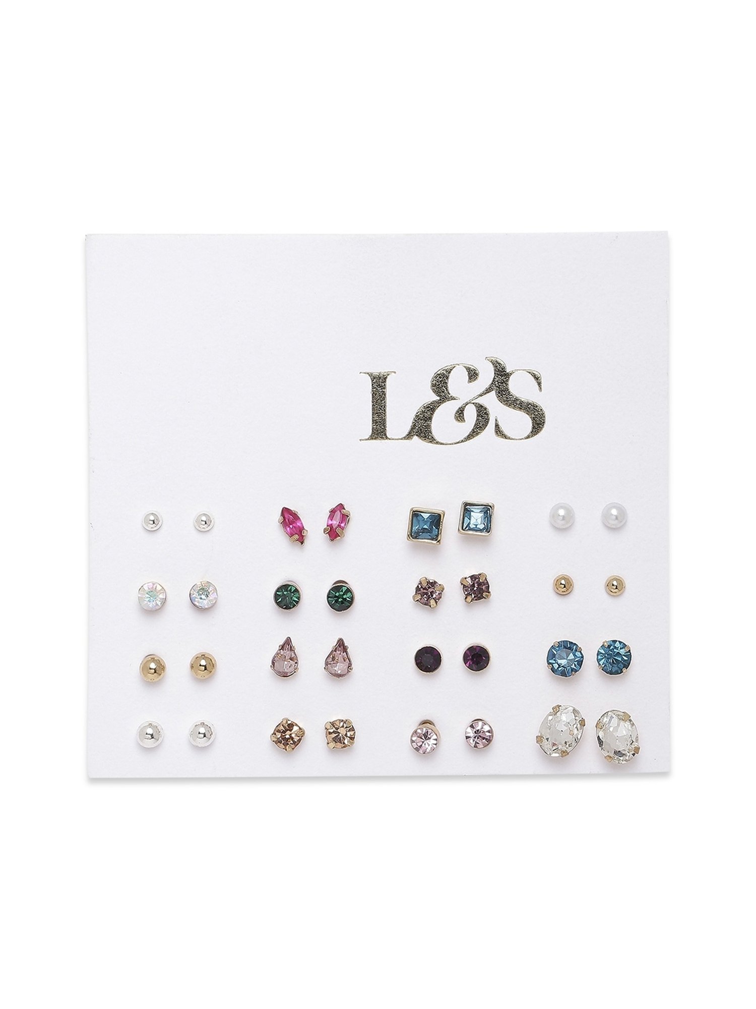 Lilly & Sparkle Gold-Toned Multi Stone Stud Earrings - Set of 16