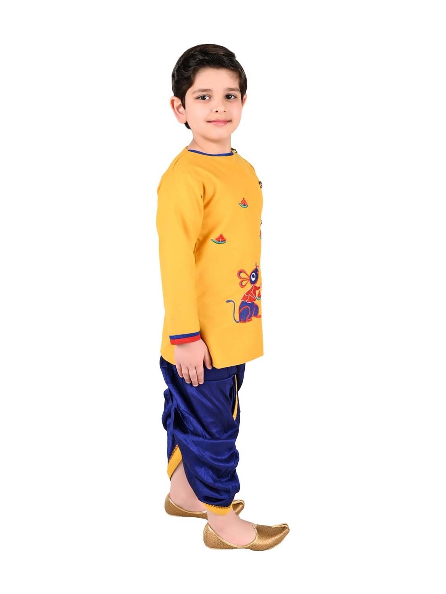 Ahhaaaa Kids Yellow & Blue Cotton Embroidered Kurta Set