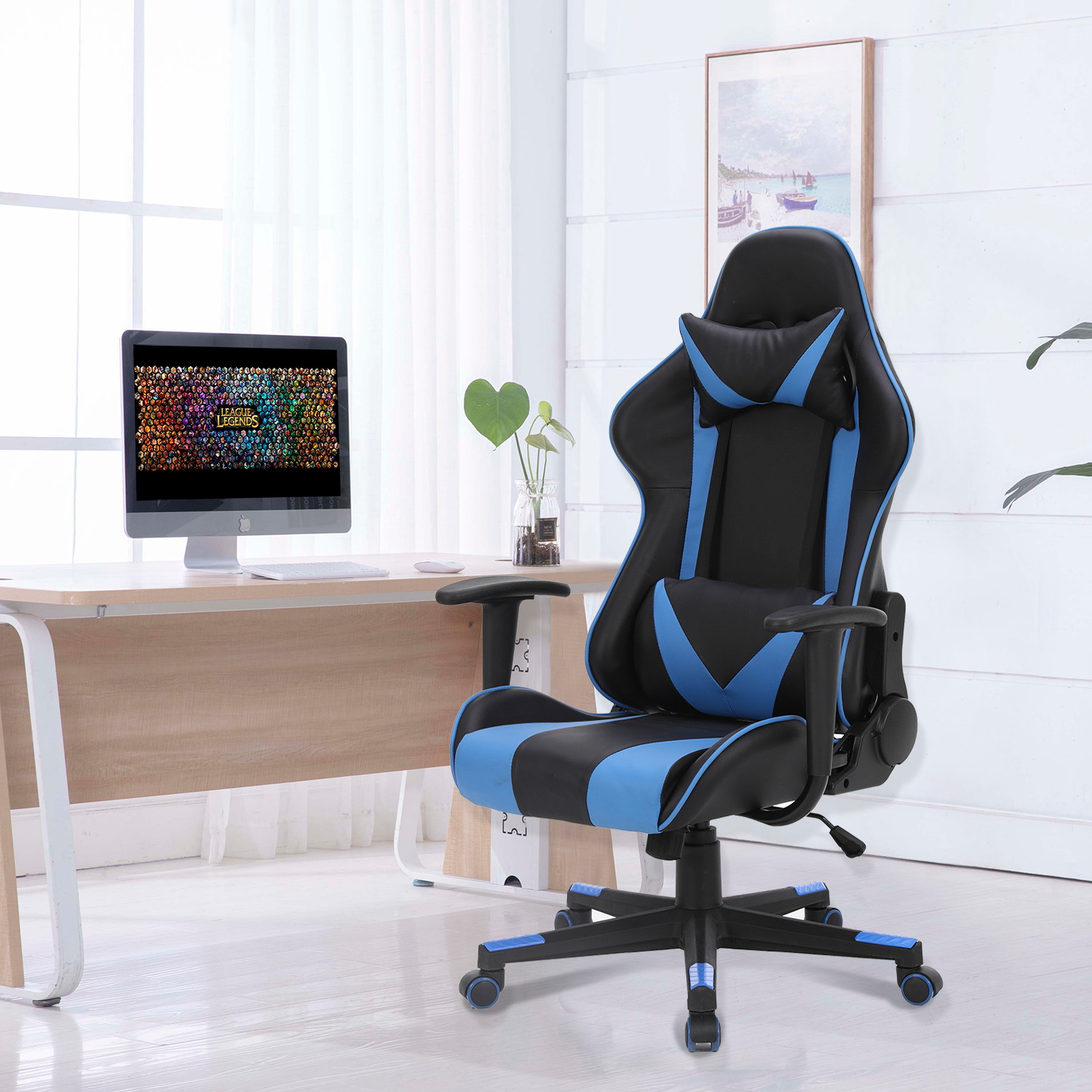 Racing Style Ergonomic Computer Gaming Chair Massage Chair with High-Back Swivel PU Leather, Seat Height Adjustable, and Lumbar & Head Support