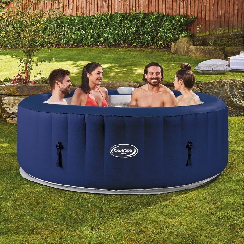 CleverSpa Tahoe 800 Liter 70 inch 4 Person Portable Backyard Inflatable Hot Tub Outdoor Spa with Insulated Tub Cover and Filtration Kit Included, Blue