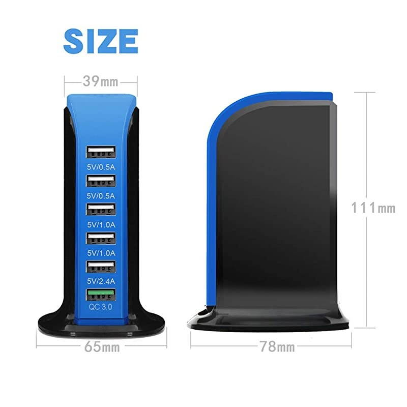 Charge 30 USB Wall Charger 6 Ports QC 30 Desktop USB Hub Charging StationTravel Charger Fast Charging Compatible with PhonesTabletsSmartphones and MoreBalck +Blue
