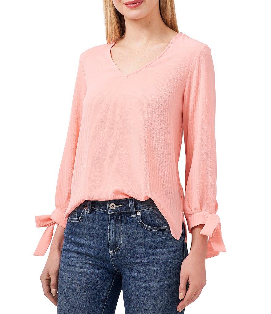 CeCe 3/4 Bow Tie Sleeve V-Neck Volume Blouse
