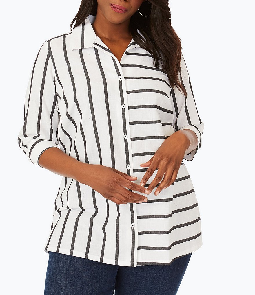 Foxcroft Plus Size Santino Multi-Directional Fleck Stripe Point Collar Neck Button-Down Shaped 3/4 Sleeve Tunic