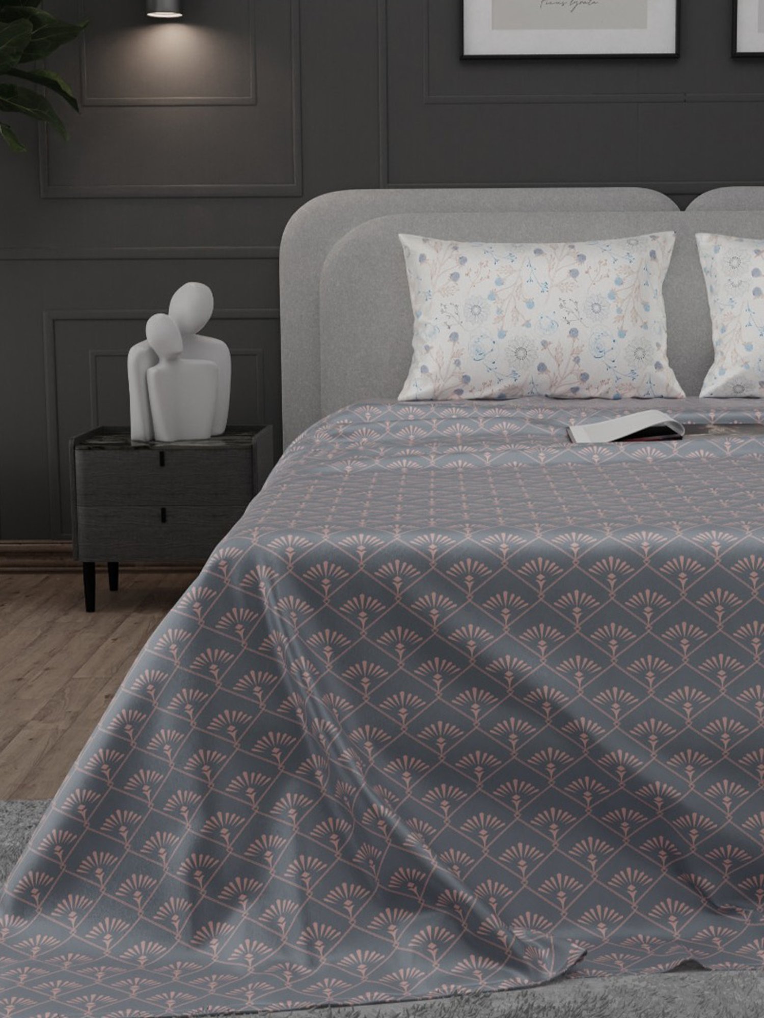 Stoa Paris Elegance Grey Polyester 300 TC Sateen Super King Size Bed Sheet With 2 Pillow Covers