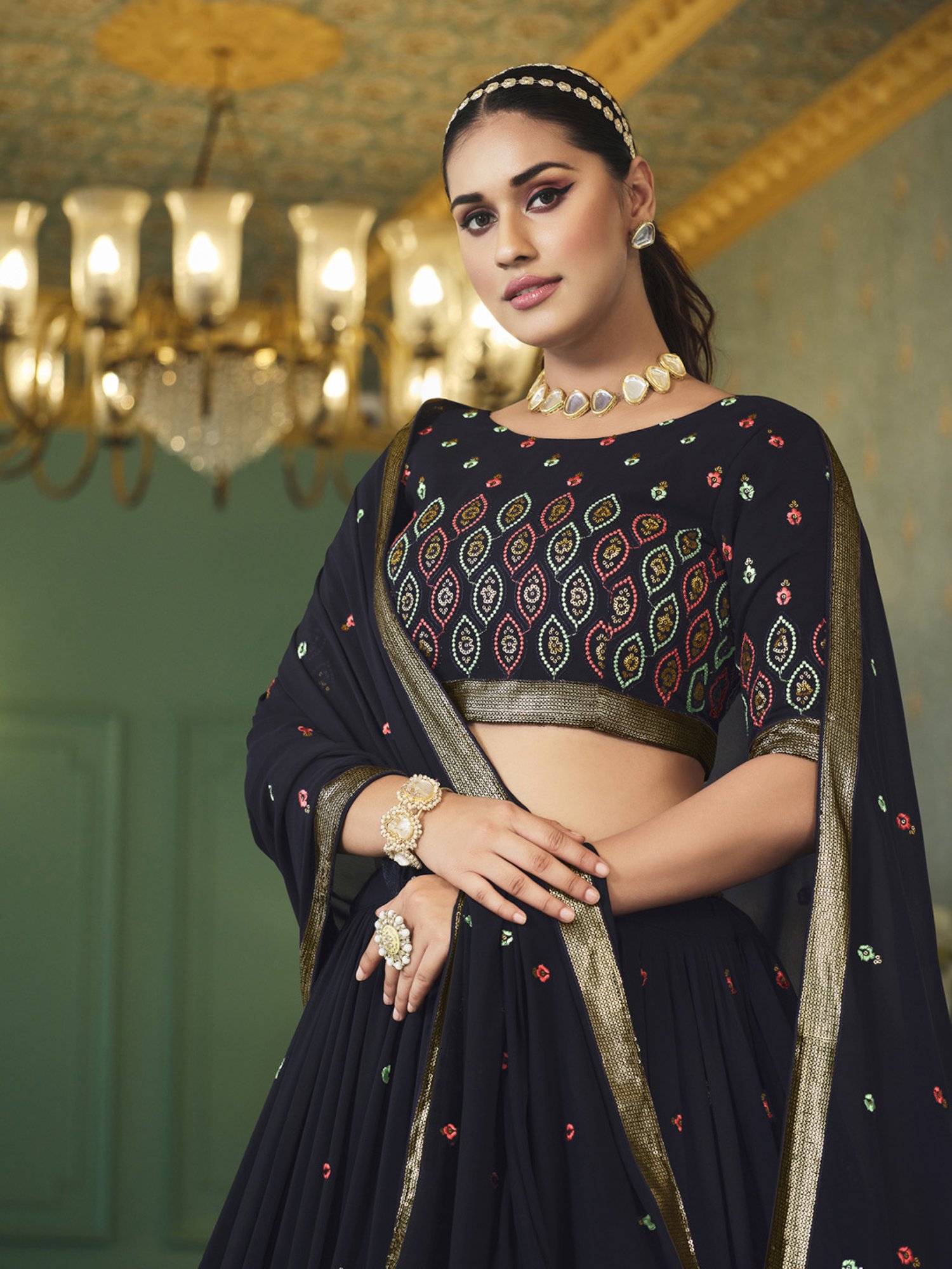 SHUBHKALA Black Embroidered Lehenga and Choli Set With Dupatta