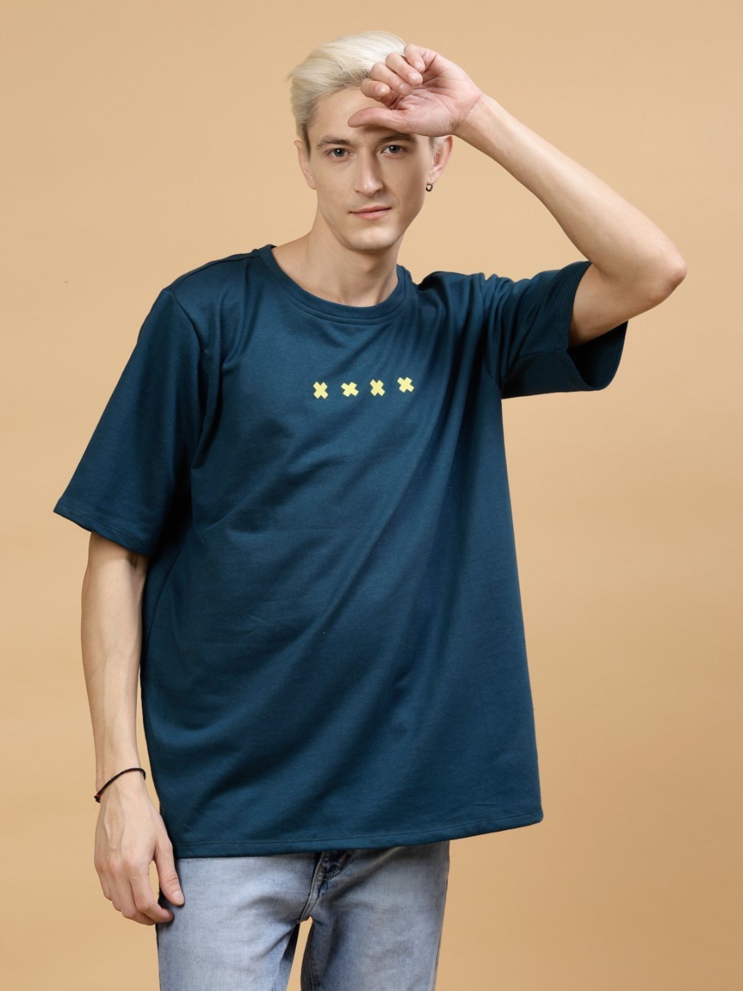 Rigo Teal Cotton Loose Fit Printed T-Shirt