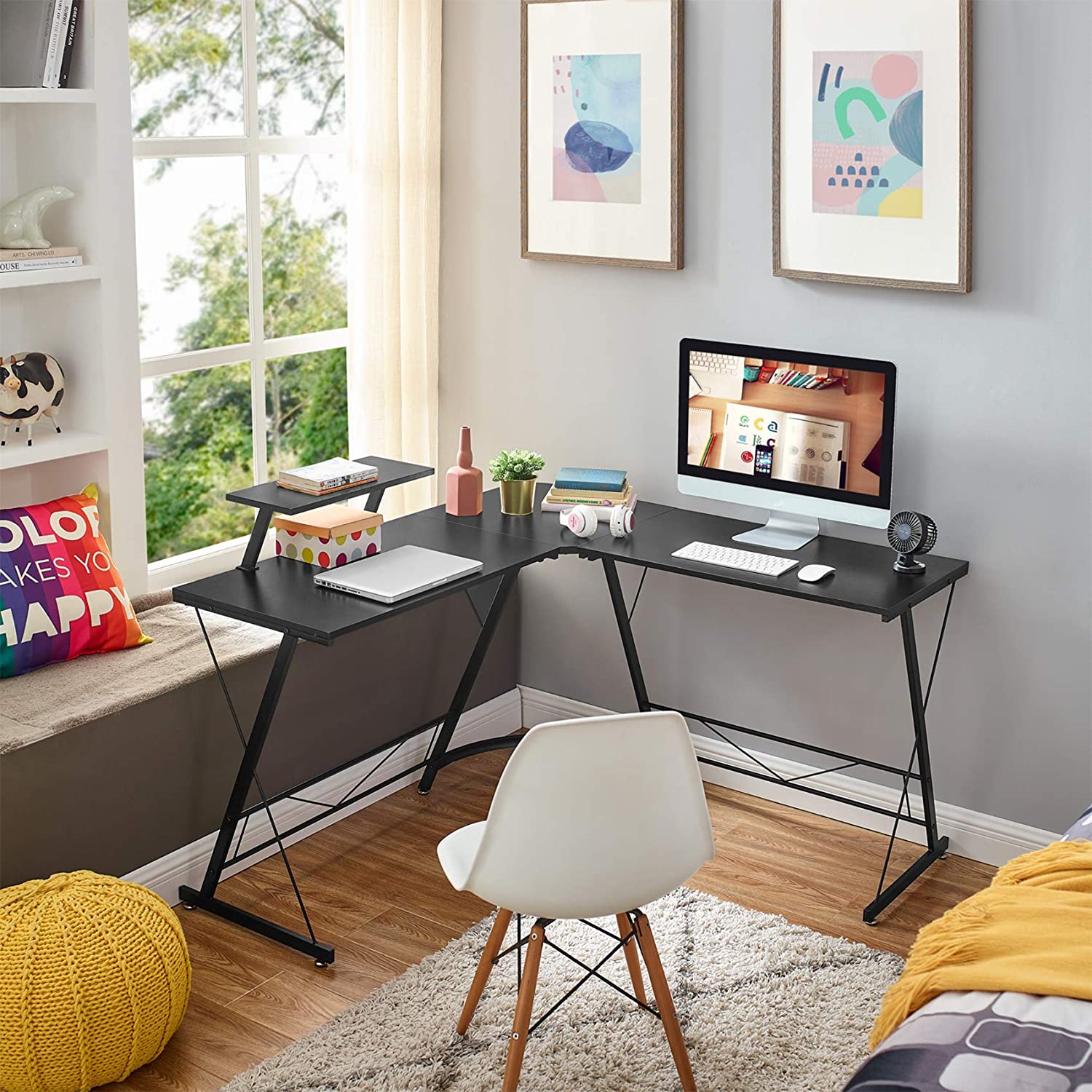 L-Shaped Desk 50.8" Computer Corner Desk, Home Gaming Desk, Office Writing Workstation with Large Monitor Stand, Space-Saving, Easy to Assemble, Black