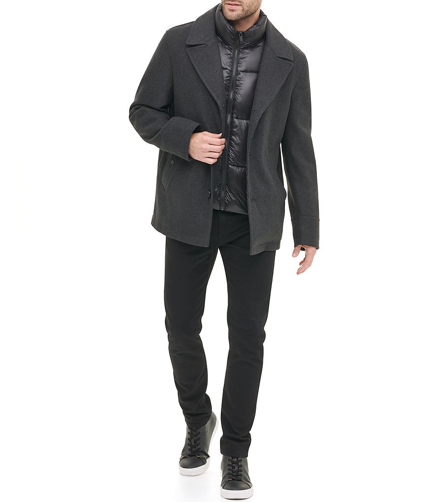 DKNY Long-Sleeve Nylon Quilted-Bib Wool-Blend Peacoat