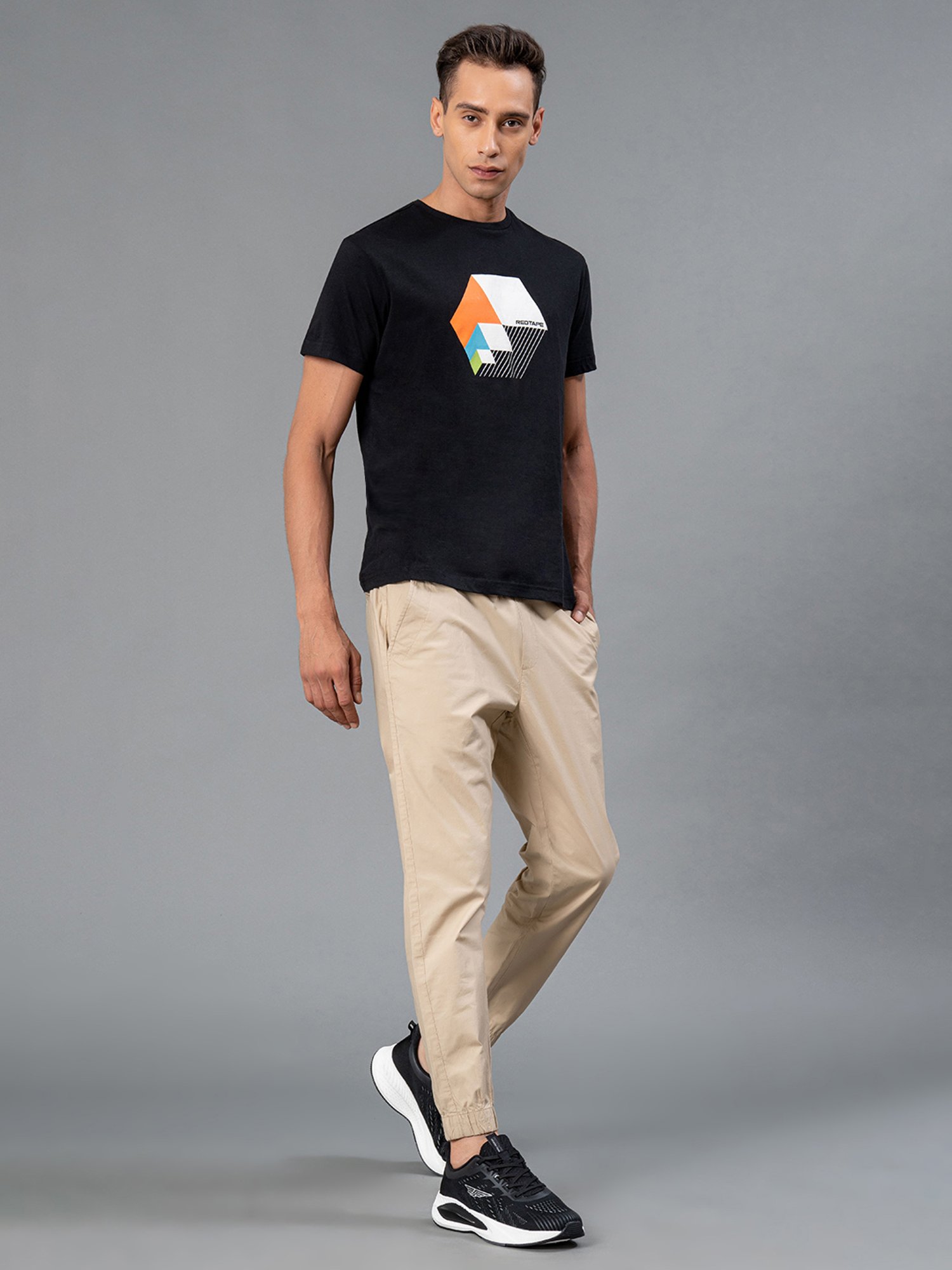 Red Tape Black Regular Fit Graphic Print Cotton Crew T-Shirt